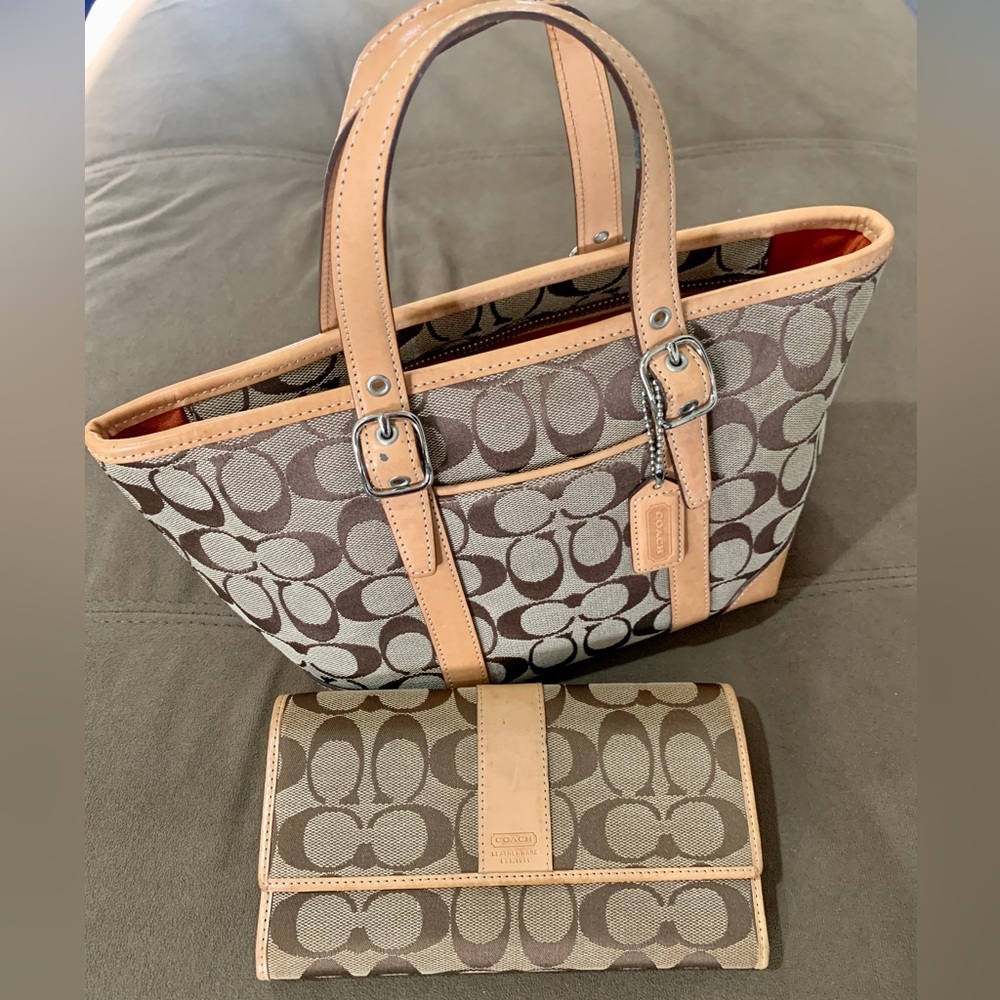 Tan Coach Signature Tote with Checkbook Wallet